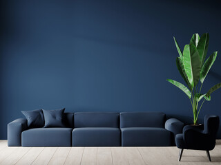 Living room in deep dark colors accent. Trendy blue interior in a minimalist modern style with blue furniture. Empty painted wall for art. Mockup design - lounge or hall area. 3d rendering