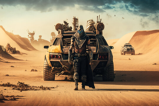 Back view of a post apocalyptic Character and a car in the desert, landscape, post apocalyptic, generative ai