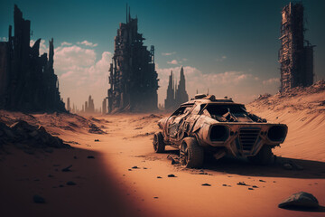 Fototapeta na wymiar Car in desert, inspired post apocalyptic, landscape, generative ai