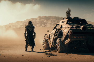 Back view of a post apocalyptic inspired and a car in the desert, landscape, post apocalyptic, generative ai - obrazy, fototapety, plakaty