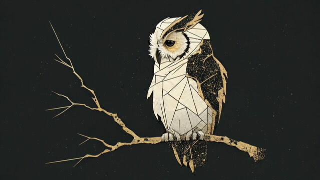 minimalism kintsugi owl on branch in the backdrop