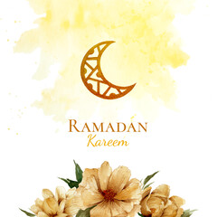 Golden crescent moon watercolor ornament for ramadan kareem greetings card with watercolor splash background and golden flowers illustration.
