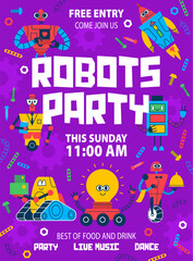 Kids robot party flyer with cartoon robots, droids