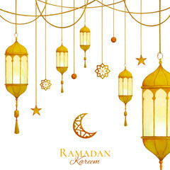 Ramadan kareem greeting card design with watercolor hanging lanterns and islamic golden ornament, vector illustration.