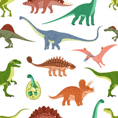 Cartoon dinosaurs and dino egg seamless pattern