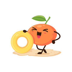 Cartoon orange fruit character on summer beach