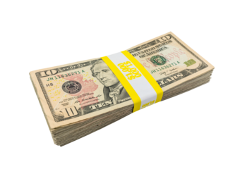 Pack of ten dollar bills with $1000 paper currency strap and cut out background.