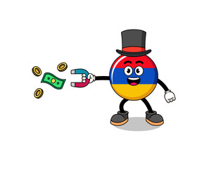 Character Illustration of armenia flag catching money with a magnet