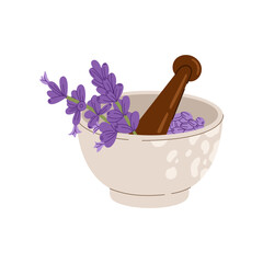 Lavender and wooden mortar, vector bowl icon