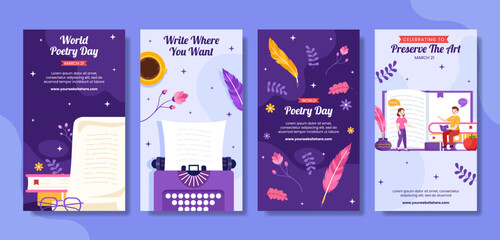 World Poetry Day Social Media Stories with Paper and Quill Flat Cartoon Hand Drawn Templates Illustration - obrazy, fototapety, plakaty