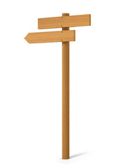 Wooden post with signboard on the top and direction indicator isolated on empty background. 3D Rendering