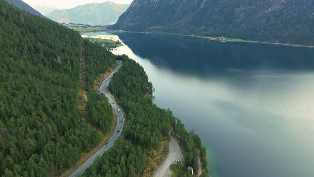 Scenic Landscape At Achensee Lake In Austria - aerial drone shot