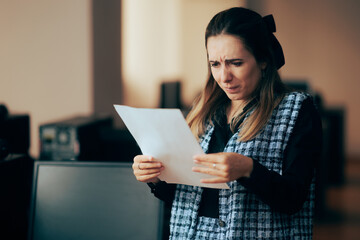 Businesswoman Struggling to Read Fine Print in a Contract. Stressed employee finding mistakes in a printed document from work
