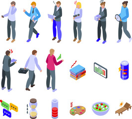Workaholic icons set isometric vector. Tired woman. Sick bed