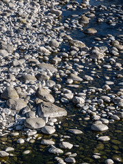 sunny day by the creek with a low level of water filled with pebbles - 568612059