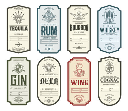 Vintage alcohol labels, tequila, whiskey, rum, gin