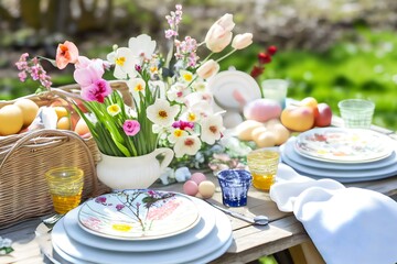beautifully decorated outdoor table set with plates, glasses, and flowers for a spring picnic (AI Generated)