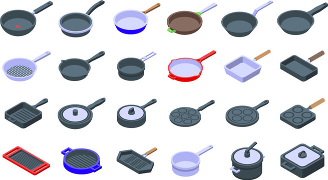 Pan icons set isometric vector. Pot saucepan. Frying kitchen
