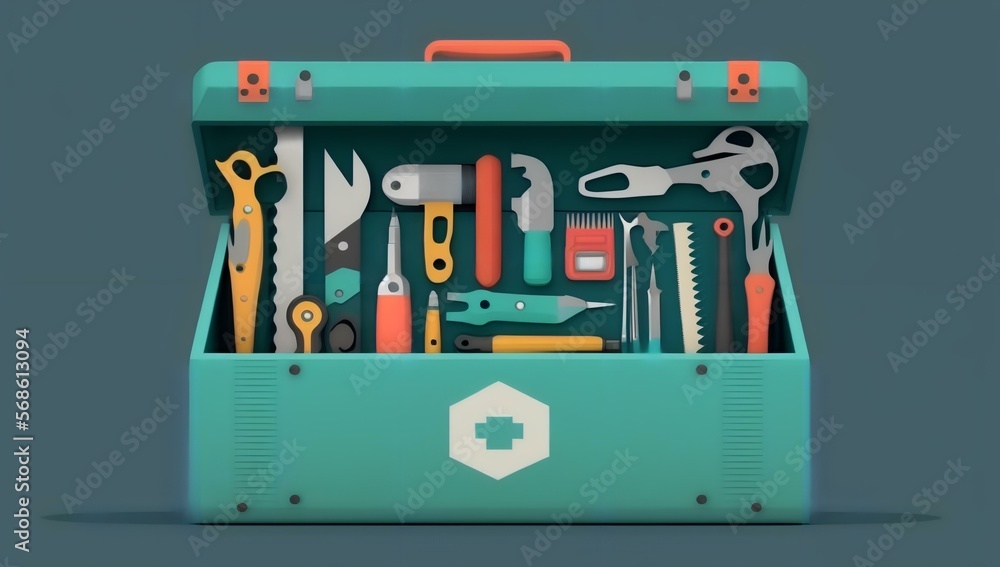 Wall mural organised toolbox with various hand tools (AI Generated)