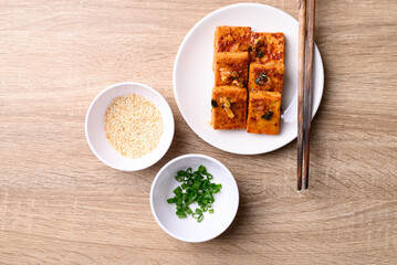 Spicy braised tofu (Dubu Jorim), Korean side dish, Table top view