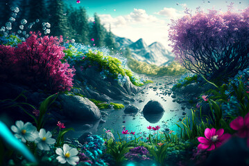 Spring landscape, fantasy, stream, distant mountains. Generative AI