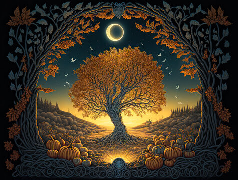 Ireland landscape, Samhain, Halloween, tree, pumpkins. Generative AI