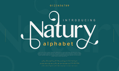 Natural abstract Fashion font alphabet. Minimal modern urban fonts for logo, brand etc. Typography typeface uppercase lowercase and number. vector illustration - obrazy, fototapety, plakaty