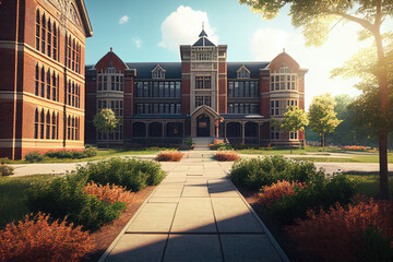 University building with walkway in front of school or university campus.