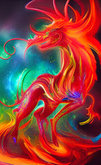 A Qilin, a hooved chimerical creature from Chinese mythology, rising up out of flames. Generative AI art painting illustration.