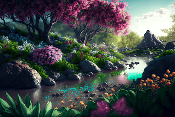 Spring landscape, fantasy, stream, red flowering trees. Generative AI