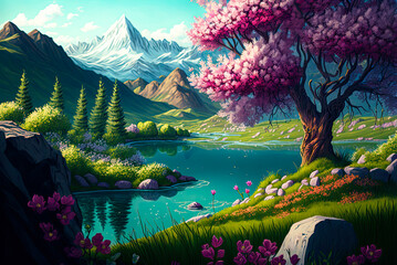 Fototapeta na wymiar Spring landscape, fantasy, lake, pink flowering tree, mountains. Generative AI