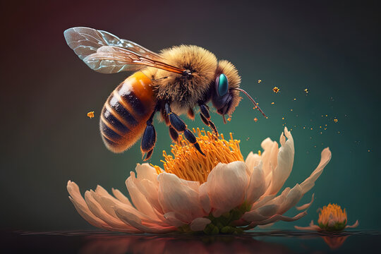 Bee and flower. Macro honeybee flying over beautiful colorful flower petals. Generative AI