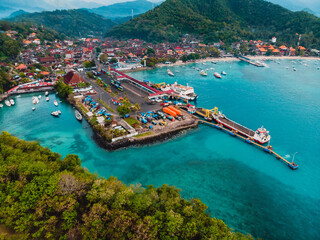 Aerial view of Padang Bai harbor in Bali, Indonesia. Ferry coming go to Lombok