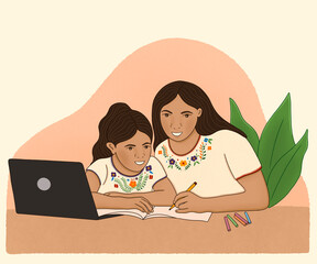 Madre enseñando a su hija usando computadora, con vestimenta tradicional