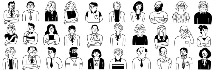 Cute outline character vetor illustration of many different and ethnicity business people, young and old, man and woman. Outline, linear, thin line art, hand drawn sketch, doodle style.