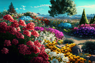 Fototapeta na wymiar Beautiful garden with colorful flowers and a clear sky