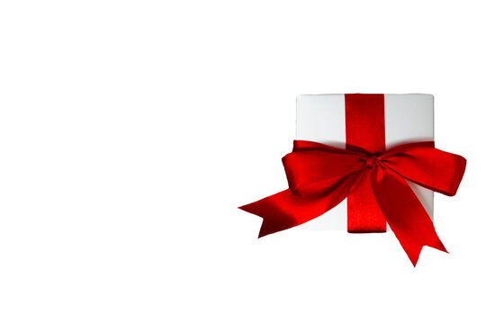 red bow on silver gift box on transparent background, flat lay. PNG image