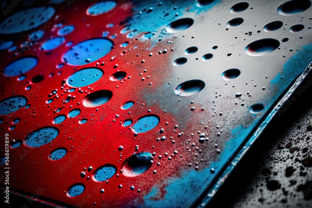 Poster a wrought-iron sheet with red and blue paint dots that are brought into sharp focus generative ai