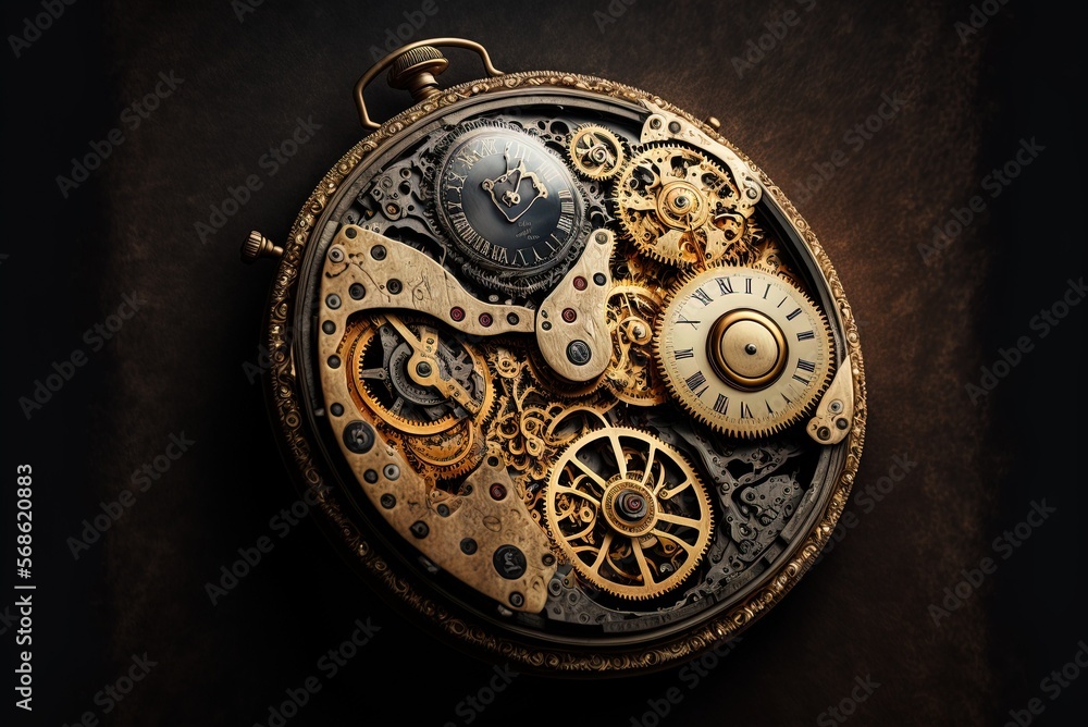 Aufkleber features of the massive gears and other mechanism of an ancient mechanical watch in its dismantled s
