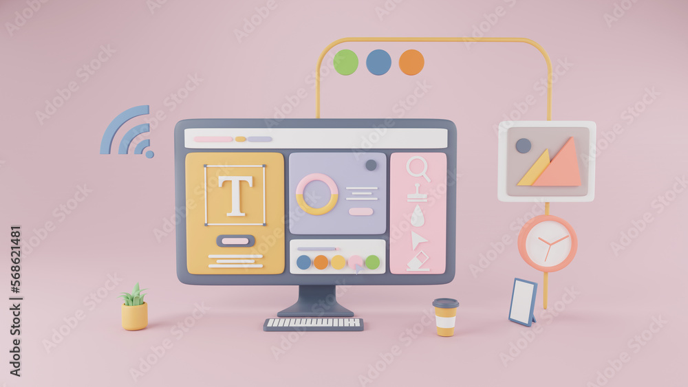 Poster ui concept design illustration of a computer with icons