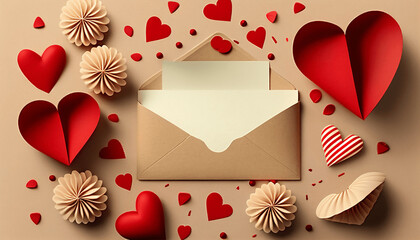 Valentine's love message card with white paper and hearts, paper heart-shaped red, brown, and white, generative ai