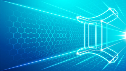Gemini Zodiac Polygonal Symbol Perspective Digital Visualization Abstract Sci-Fi Horoscope Astrology with Futuristic Cyberspace Hologram Technology Metaverse Background Vector Illustration.