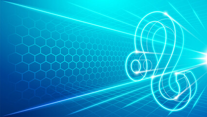 Leo Zodiac Polygonal Symbol Perspective Digital Visualization Abstract Sci-Fi Horoscope Astrology with Futuristic Cyberspace Hologram Technology Metaverse Background Vector Illustration.