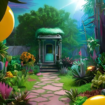 AI image of tropical garden with tree landscapes