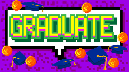 Graduate. pixelated word with geometric graphic background. Vector cartoon illustration.