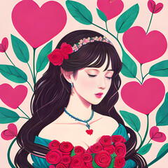 Una linda imagen de una chica rodeada de corazones, en tonos rosados, generada por inteligencia artificial - obrazy, fototapety, plakaty