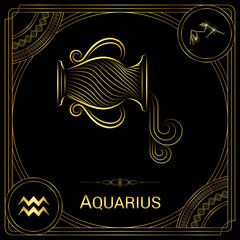 Water-Bearer Aquarius Zodiac Sign, Symbol, Stellar Star Constellation, Horoscope and Astrology, Fortune-Telling Square Badge Icon Vector Illustration