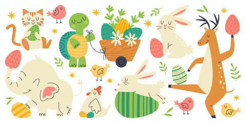 Cartoon animals carry easter eggs flat icons set. Different spring holidays elements. Cute rabbit, turtle, cat, chicks