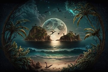 Wallpaper landscape of island beaches at night with full moon and glowing, birds, trees and plants in vintage style