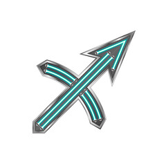 Sagittarius Zodiac Symbol Neon Light Glow Silver Metallic Letter Glyph Alphabet Horoscope, Astrology Icon Isolated on White Background.